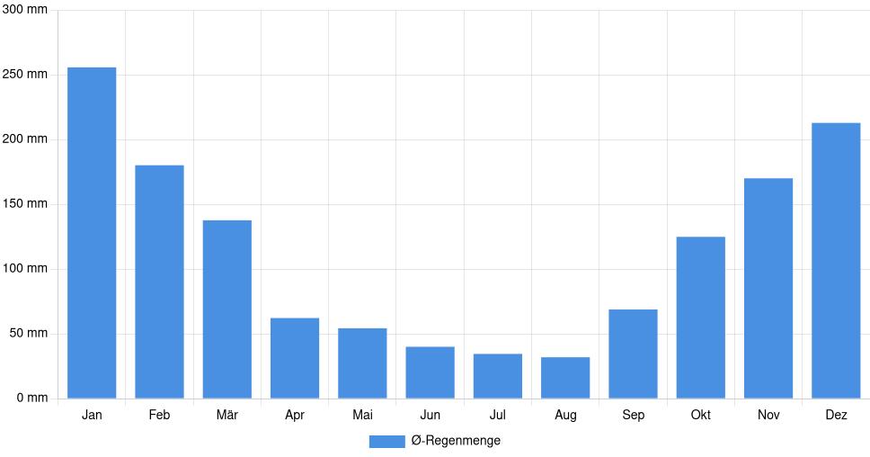 Balkendiagramm der durchschnittlichen monatlichen Regenmenge in Hortolândia (Brasilien), basierend auf einer 30-jährigen Analyse (1994-$dataTimeframeEndYear)