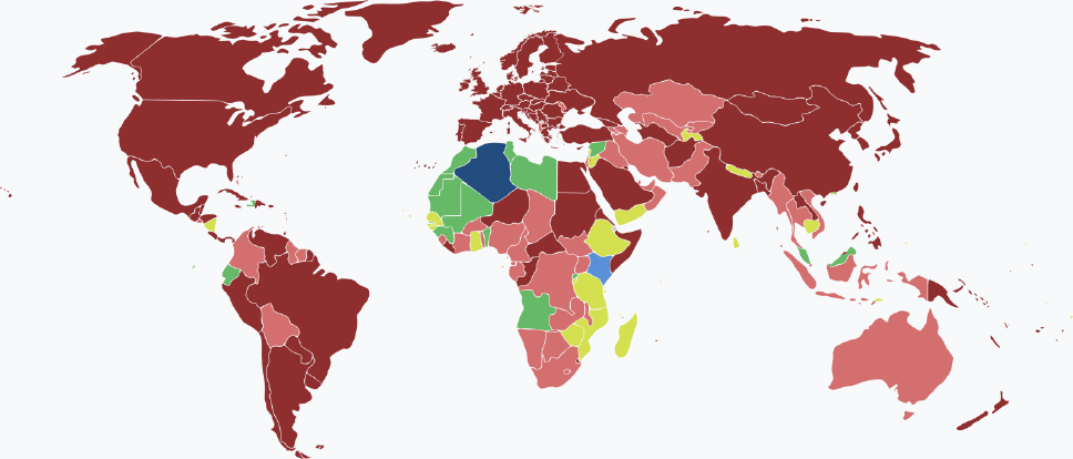 Visaarten für algerische Staatsbürger im Jahr 2025 farblich je nach Land und Einreisebestimmungen auf einer Weltkarte markiert.