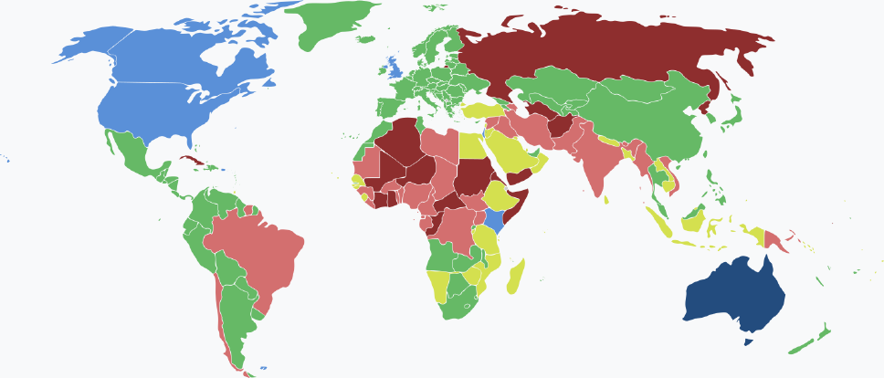 Weltkarte mit den Einreisebestimmungen fรผr australische Staatsbรผrger nach Land 2025 โ รbersicht aller Lรคnder Visaarten fรผr australische Staatsbรผrger im Jahr 2025 farblich je nach Land und Einreisebestimmungen auf einer Weltkarte markiert.