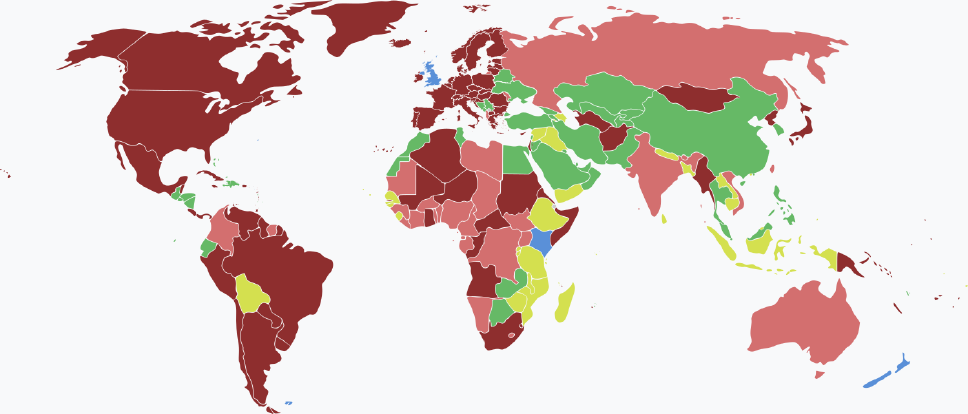 Weltkarte mit den Einreisebestimmungen fรผr bahrainische Staatsbรผrger nach Land 2025 โ รbersicht aller Lรคnder Visaarten fรผr bahrainische Staatsbรผrger im Jahr 2025 farblich je nach Land und Einreisebestimmungen auf einer Weltkarte markiert.