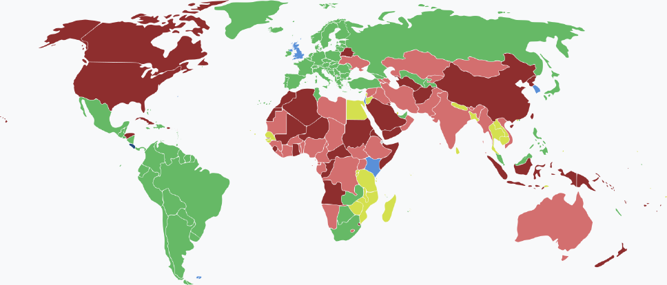 Visaarten für costa-ricanische Staatsbürger im Jahr 2025 farblich je nach Land und Einreisebestimmungen auf einer Weltkarte markiert.