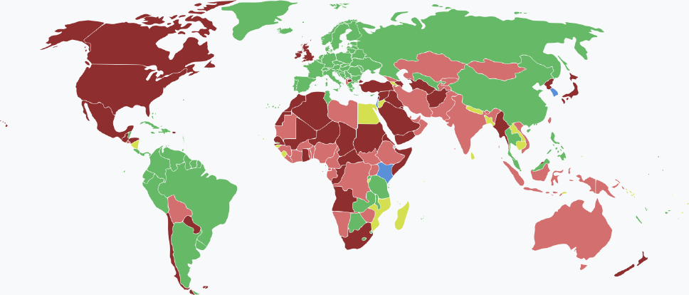 Visaarten für dominicanische Staatsbürger im Jahr 2025 farblich je nach Land und Einreisebestimmungen auf einer Weltkarte markiert.