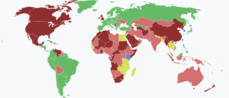 Visaarten für salvadorianische Staatsbürger im Jahr 2025 farblich je nach Land und Einreisebestimmungen auf einer Weltkarte markiert.