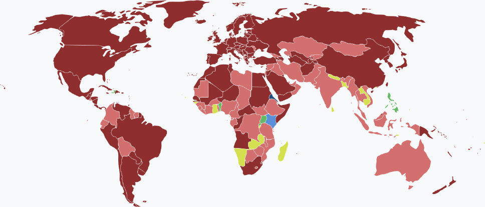 Visaarten für eritreische Staatsbürger im Jahr 2025 farblich je nach Land und Einreisebestimmungen auf einer Weltkarte markiert.
