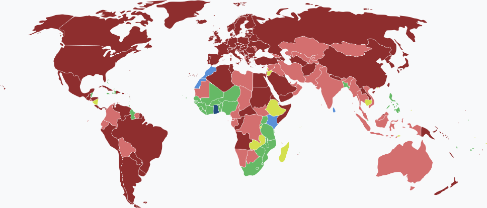 Visaarten für ghanaische Staatsbürger im Jahr 2025 farblich je nach Land und Einreisebestimmungen auf einer Weltkarte markiert.