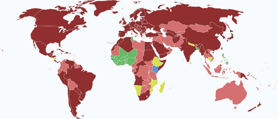 Visaarten für guinea-bissauische Staatsbürger im Jahr 2025 farblich je nach Land und Einreisebestimmungen auf einer Weltkarte markiert.