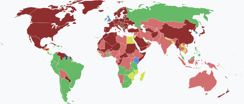Visaarten für guyanische Staatsbürger im Jahr 2025 farblich je nach Land und Einreisebestimmungen auf einer Weltkarte markiert.