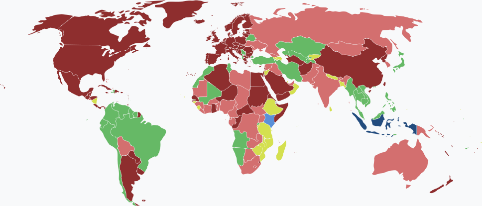 Visaarten für indonesische Staatsbürger im Jahr 2025 farblich je nach Land und Einreisebestimmungen auf einer Weltkarte markiert.