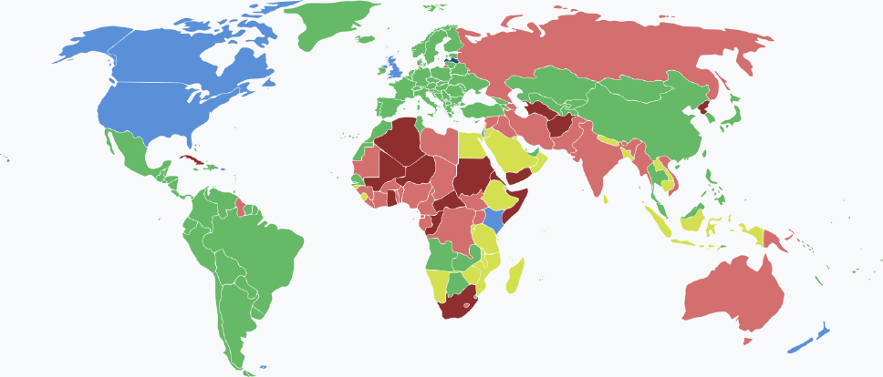 Visaarten für lettische Staatsbürger im Jahr 2025 farblich je nach Land und Einreisebestimmungen auf einer Weltkarte markiert.