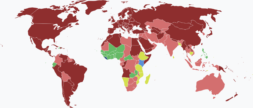 Visaarten für liberianische Staatsbürger im Jahr 2025 farblich je nach Land und Einreisebestimmungen auf einer Weltkarte markiert.