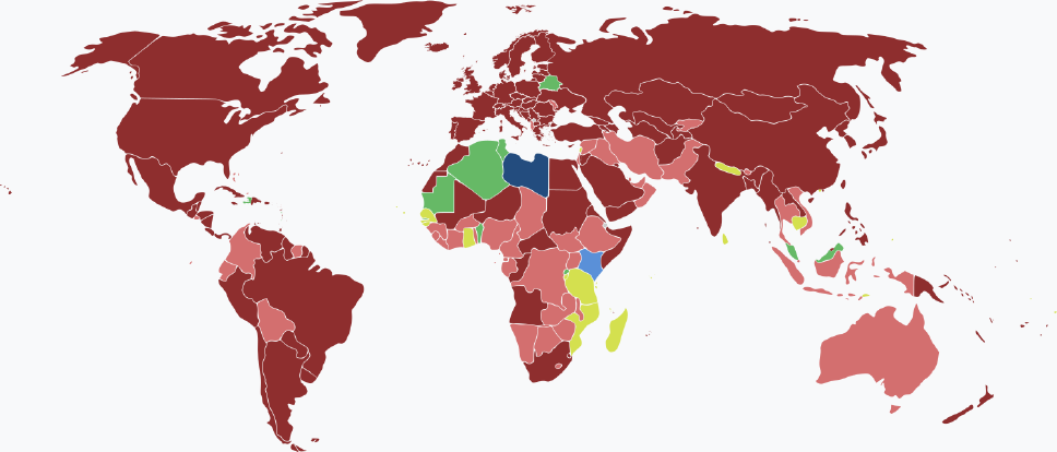 Visaarten für libysche Staatsbürger im Jahr 2025 farblich je nach Land und Einreisebestimmungen auf einer Weltkarte markiert.