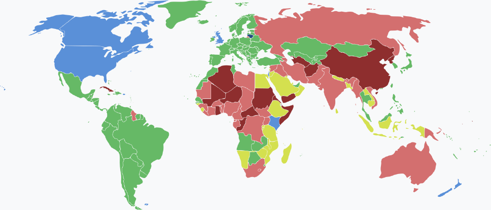 Visaarten für litauische Staatsbürger im Jahr 2025 farblich je nach Land und Einreisebestimmungen auf einer Weltkarte markiert.