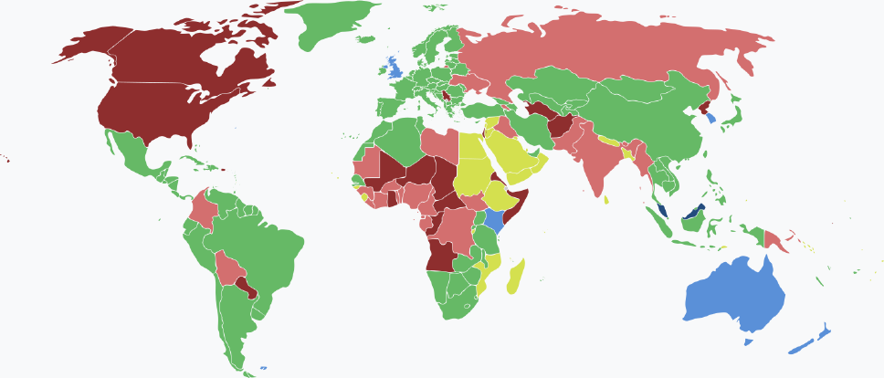 Visaarten für malaysische Staatsbürger im Jahr 2025 farblich je nach Land und Einreisebestimmungen auf einer Weltkarte markiert.