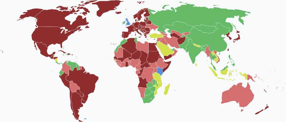 Visaarten für maledivische Staatsbürger im Jahr 2025 farblich je nach Land und Einreisebestimmungen auf einer Weltkarte markiert.