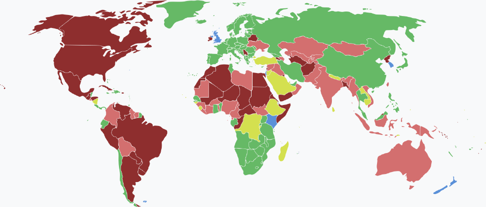 Visaarten für mauritische Staatsbürger im Jahr 2025 farblich je nach Land und Einreisebestimmungen auf einer Weltkarte markiert.