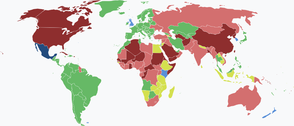 Visaarten für mexikanische Staatsbürger im Jahr 2025 farblich je nach Land und Einreisebestimmungen auf einer Weltkarte markiert.