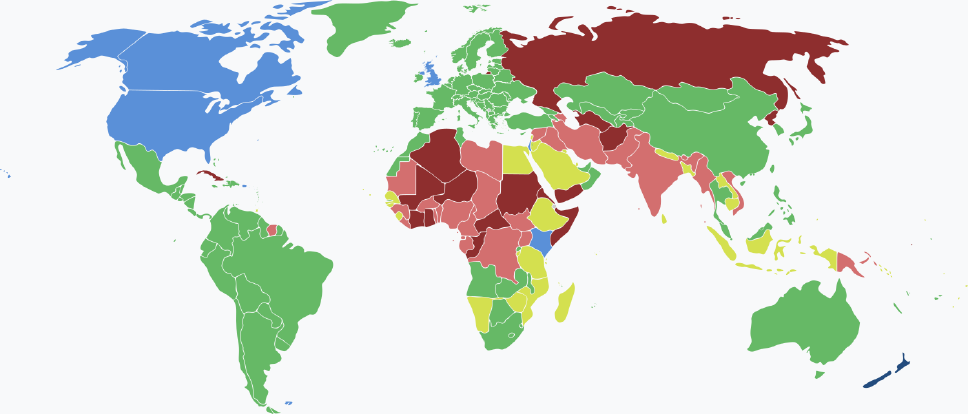 Visaarten für neuseeländische Staatsbürger im Jahr 2025 farblich je nach Land und Einreisebestimmungen auf einer Weltkarte markiert.