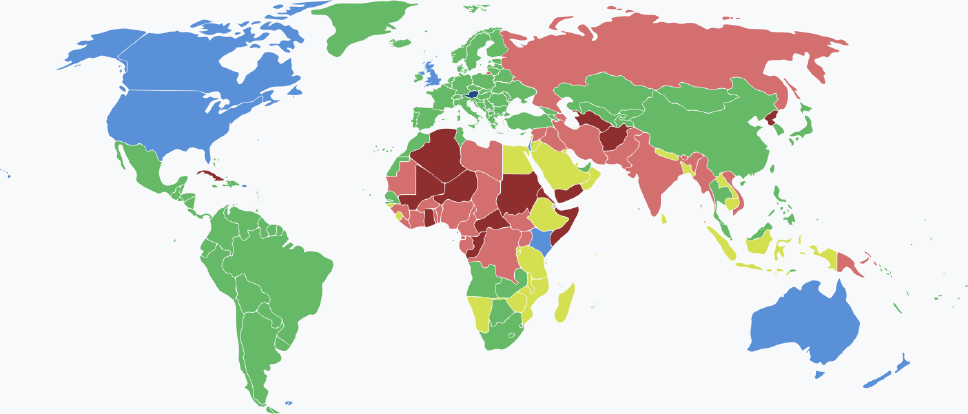 Visaarten für österreichische Staatsbürger im Jahr 2025 farblich je nach Land und Einreisebestimmungen auf einer Weltkarte markiert.