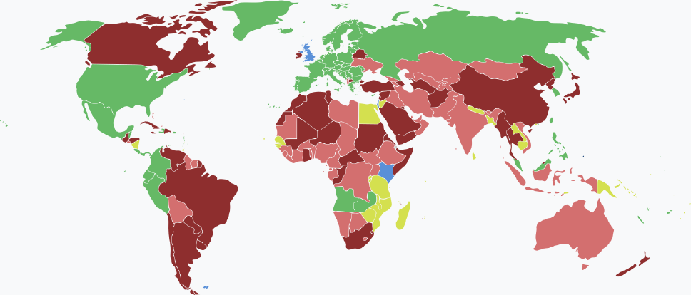 Visaarten für palauische Staatsbürger im Jahr 2025 farblich je nach Land und Einreisebestimmungen auf einer Weltkarte markiert.