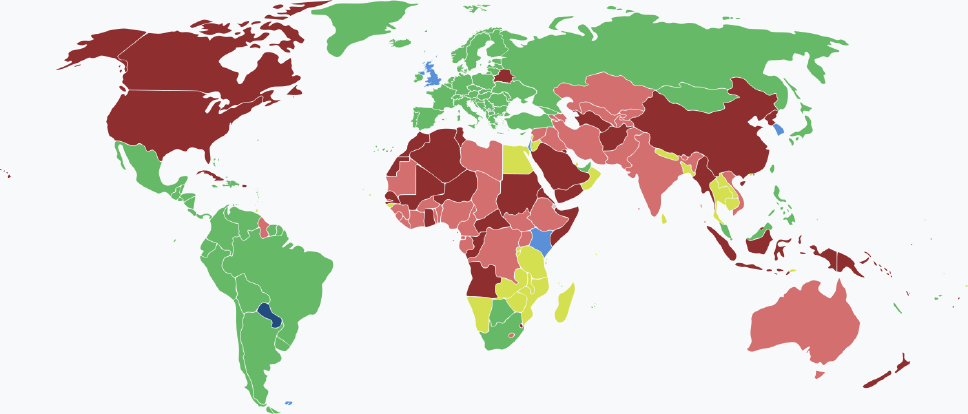 Visaarten für paraguayische Staatsbürger im Jahr 2025 farblich je nach Land und Einreisebestimmungen auf einer Weltkarte markiert.