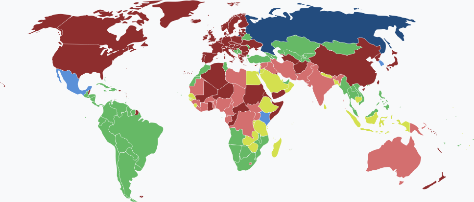Weltkarte mit den Einreisebestimmungen für russländische Staatsbürger nach Land 2025 – Übersicht aller Länder Visaarten für russländische Staatsbürger im Jahr 2025 farblich je nach Land und Einreisebestimmungen auf einer Weltkarte markiert.