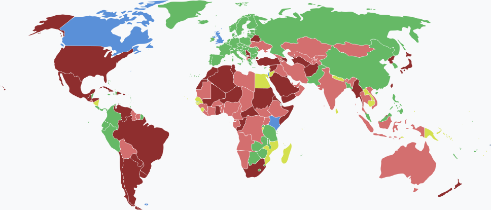 Visaarten für samoanische Staatsbürger im Jahr 2025 farblich je nach Land und Einreisebestimmungen auf einer Weltkarte markiert.