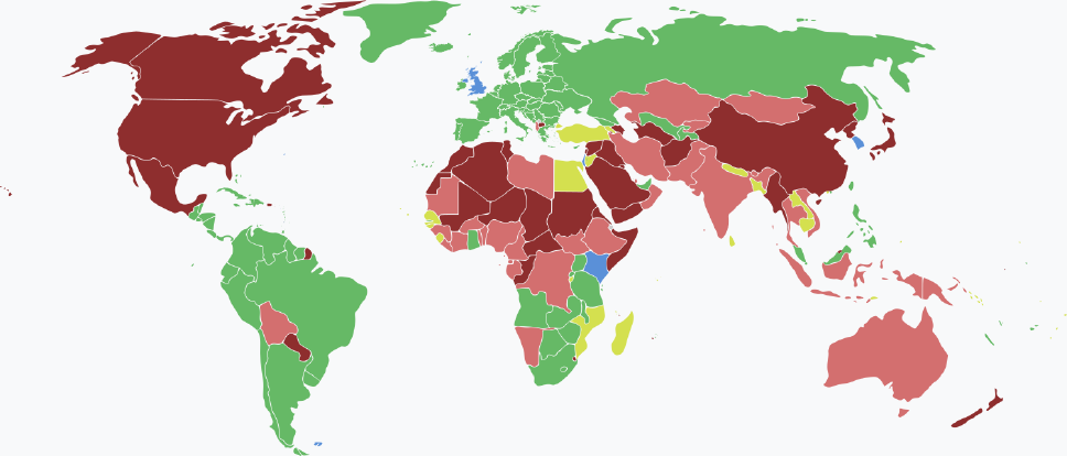 Visaarten für undefinede Staatsbürger im Jahr 2025 farblich je nach Land und Einreisebestimmungen auf einer Weltkarte markiert.