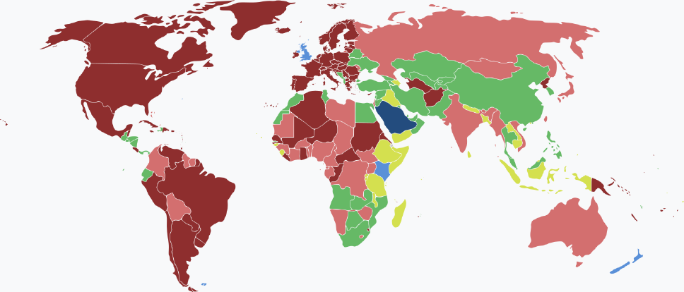 Visaarten für saudi-arabische Staatsbürger im Jahr 2025 farblich je nach Land und Einreisebestimmungen auf einer Weltkarte markiert.