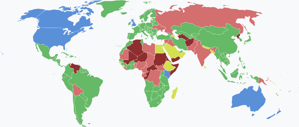 Visaarten für singapurische Staatsbürger im Jahr 2025 farblich je nach Land und Einreisebestimmungen auf einer Weltkarte markiert.
