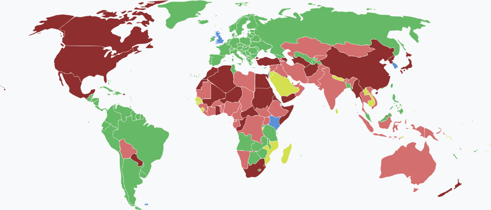 Visaarten für kittitisch und nevisische Staatsbürger im Jahr 2025 farblich je nach Land und Einreisebestimmungen auf einer Weltkarte markiert.