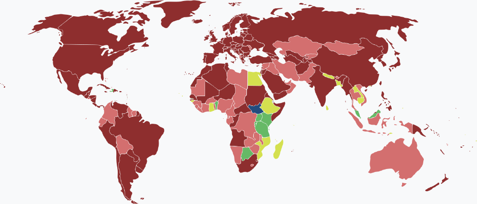 Visaarten für südsudanesische Staatsbürger im Jahr 2025 farblich je nach Land und Einreisebestimmungen auf einer Weltkarte markiert.