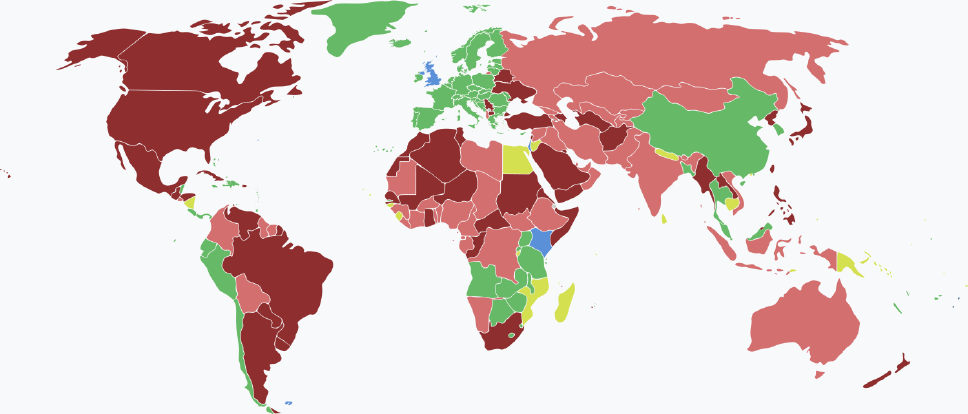 Visaarten für tongaische Staatsbürger im Jahr 2025 farblich je nach Land und Einreisebestimmungen auf einer Weltkarte markiert.