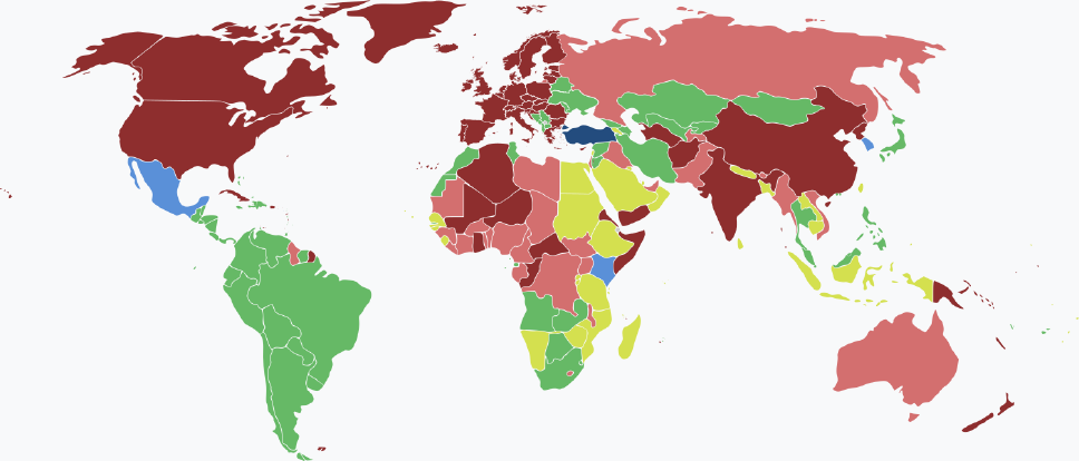 Weltkarte mit den Einreisebestimmungen für türkische Staatsbürger nach Land 2025 – Übersicht aller Länder Visaarten für türkische Staatsbürger im Jahr 2025 farblich je nach Land und Einreisebestimmungen auf einer Weltkarte markiert.