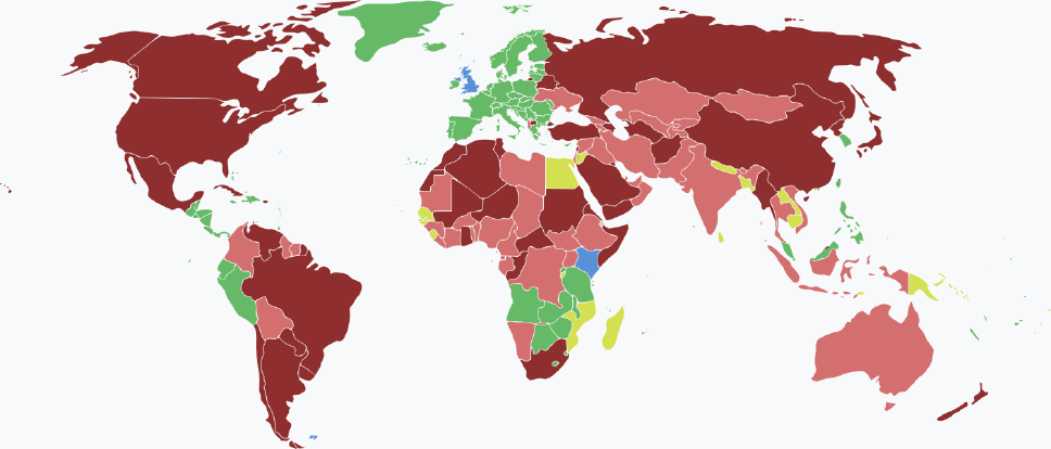 Visaarten für tuvaluische Staatsbürger im Jahr 2025 farblich je nach Land und Einreisebestimmungen auf einer Weltkarte markiert.