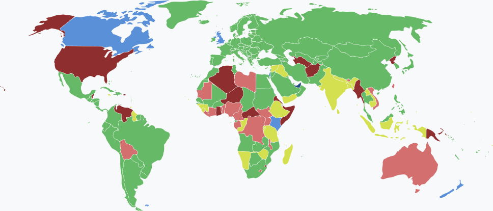 Visaarten für emiratische Staatsbürger im Jahr 2025 farblich je nach Land und Einreisebestimmungen auf einer Weltkarte markiert.