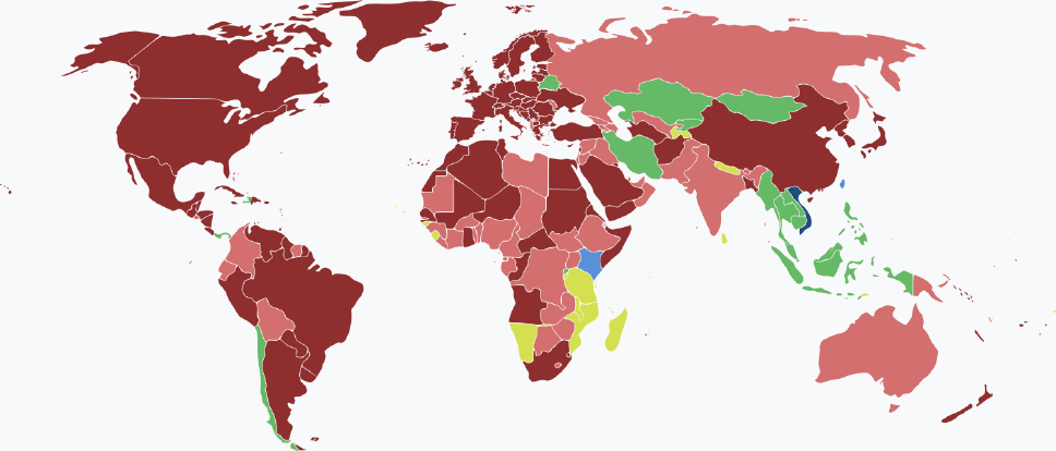 Visaarten für vietnamesische Staatsbürger im Jahr 2025 farblich je nach Land und Einreisebestimmungen auf einer Weltkarte markiert.